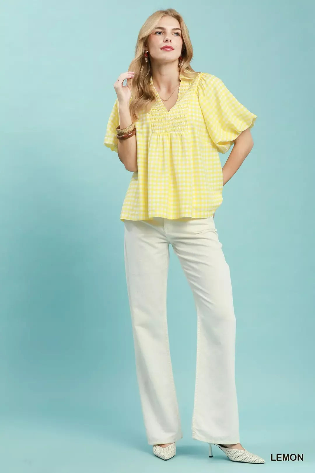 Umgee Smocked Yoke Puff Sleeve Gingham Blouse