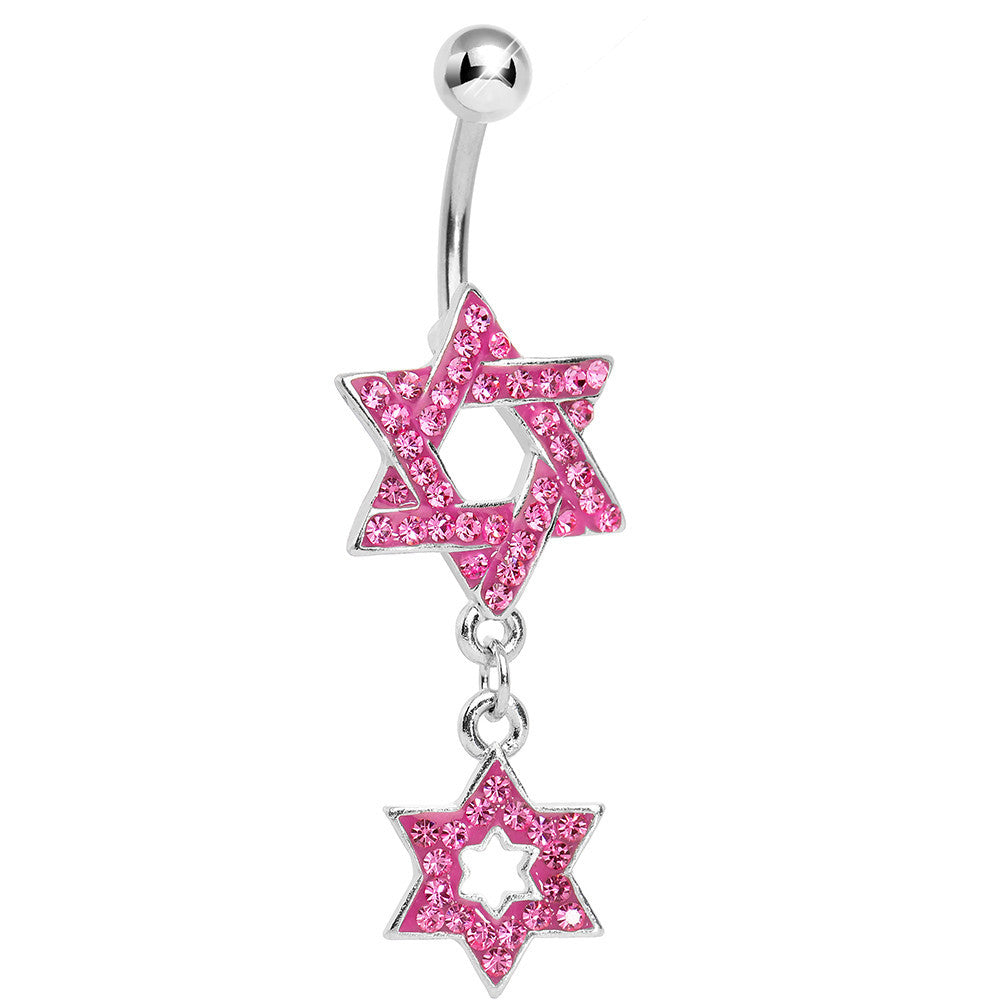 BodyCandy Pink Gem Paved Double Star of David Dangle Belly Ring — main product shot