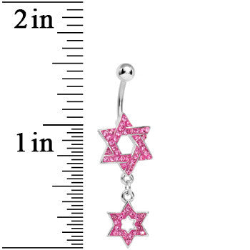 BodyCandy Pink Gem Paved Double Star of David Dangle Belly Ring — detail close-up