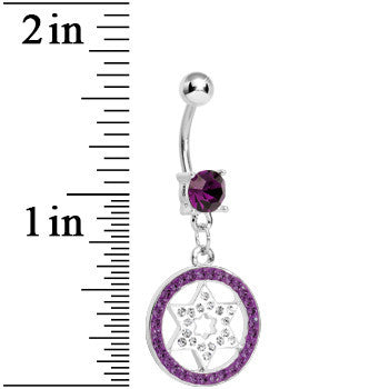 BodyCandy Dark Purple Gem Paved Enclosed Star of David Dangle Belly Ring — detail close-up
