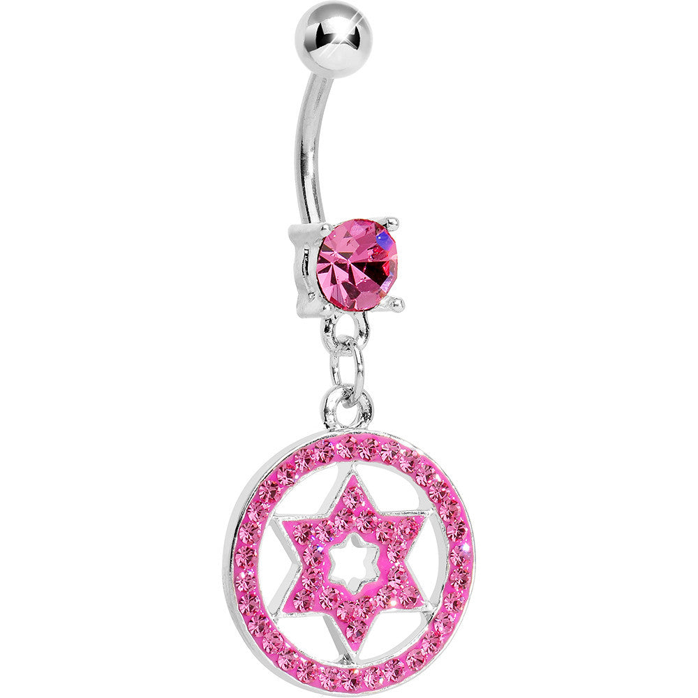 BodyCandy Pink Gem Paved Enclosed Star of David Dangle Belly Ring — main product shot
