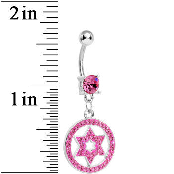 BodyCandy Pink Gem Paved Enclosed Star of David Dangle Belly Ring — detail close-up