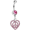 BodyCandy Pink Gem Paved Peace Sign Heart Dangle Belly Ring — main product shot