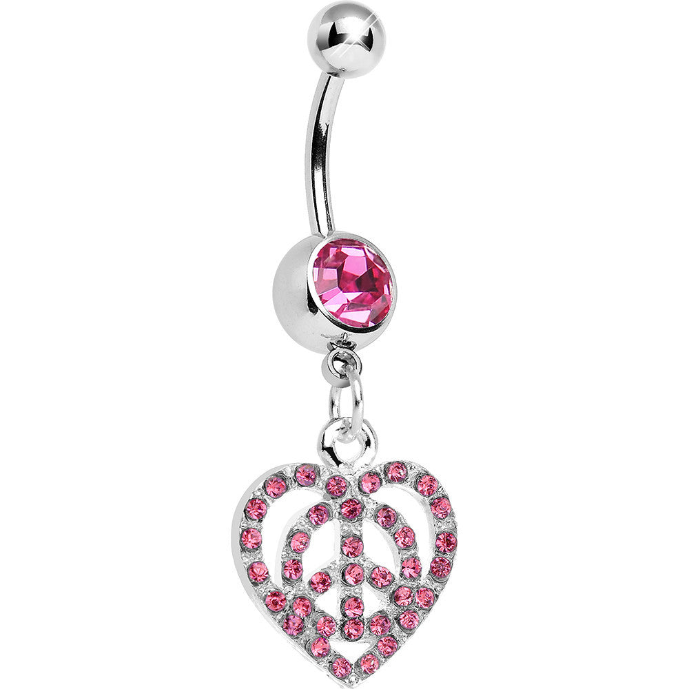 BodyCandy Pink Gem Paved Peace Sign Heart Dangle Belly Ring — main product shot