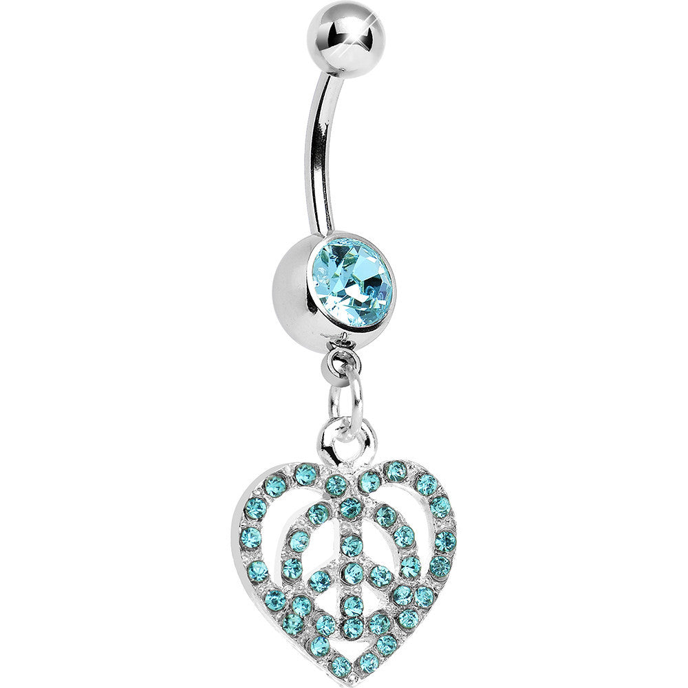 BodyCandy Aqua Gem Paved Peace Sign Heart Dangle Belly Ring — main product shot