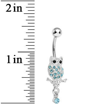 BodyCandy Lower Mount Paved Aqua Gem Owl Belly Ring — detail close-up