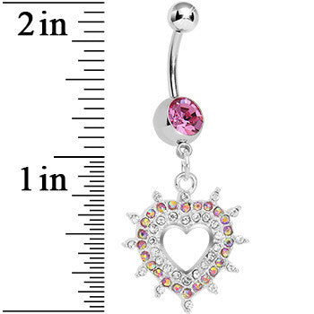 BodyCandy Pink Gem Crystalline Royal Hollow Heart Dangle Belly Ring — detail close-up
