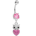 BodyCandy Pink Gem and Paved Heart For the Love of Owls Dangle Belly Ring — main product shot