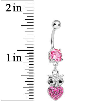 BodyCandy Pink Gem and Paved Heart For the Love of Owls Dangle Belly Ring — detail close-up