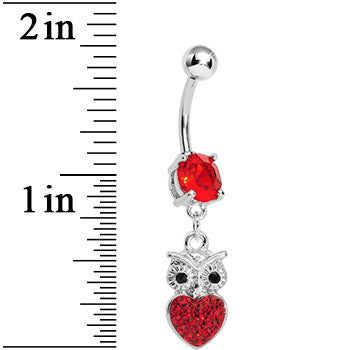 BodyCandy Red Gem and Paved Heart For the Love of Owls Dangle Belly Ring — detail close-up