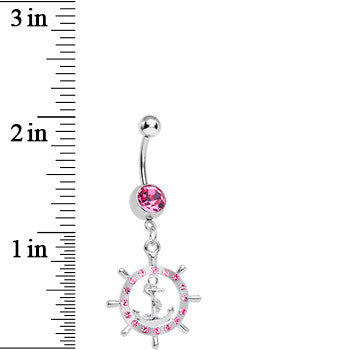 BodyCandy Pink Gem Ship Wheel and Anchor Dangle Belly Ring — detail close-up