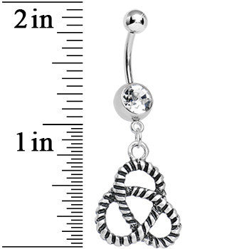 BodyCandy Crystalline Gem Black and Silver Striped Knot Dangle Belly Ring — detail close-up