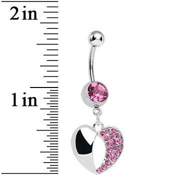 BodyCandy Pink Gem Paved Reflective Heart Dangle Belly Ring — detail close-up