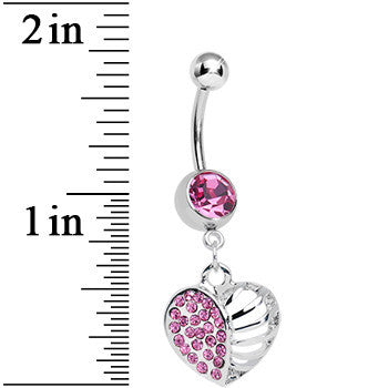 BodyCandy Pink Gem Paved Cage Heart Dangle Belly Ring — detail close-up
