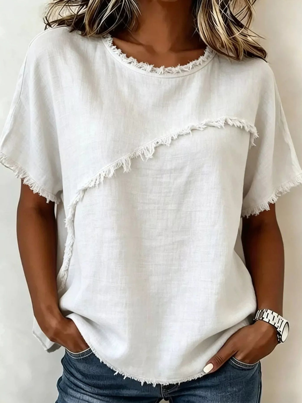 Full Size Frayed Hem Short Sleeve Top Plus Size
