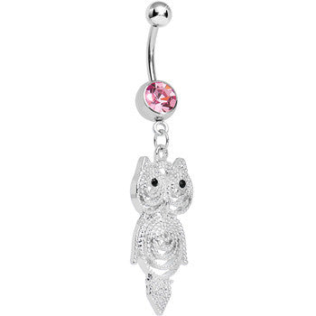 BodyCandy Pink Gem Pensive Owl Dangle Belly Ring — detail close-up