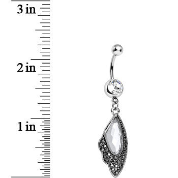 BodyCandy Clear CZ Large Gem Hematite Leaf Dangle Belly Ring — detail close-up
