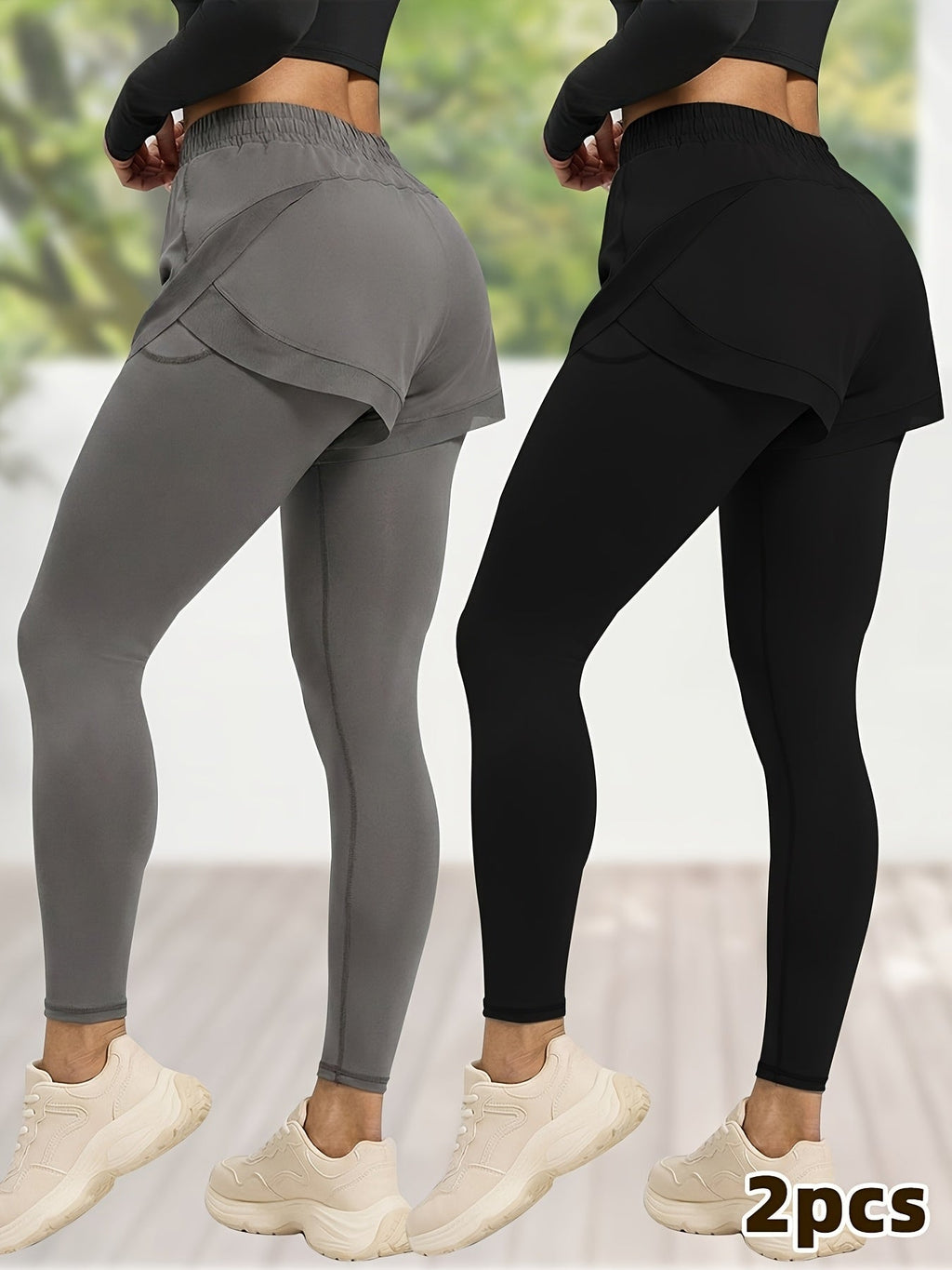 MyClosetAid 2pcs Faux 2pcs Athletic Pants Color-block Design with Built-in Pockets — alternative angle