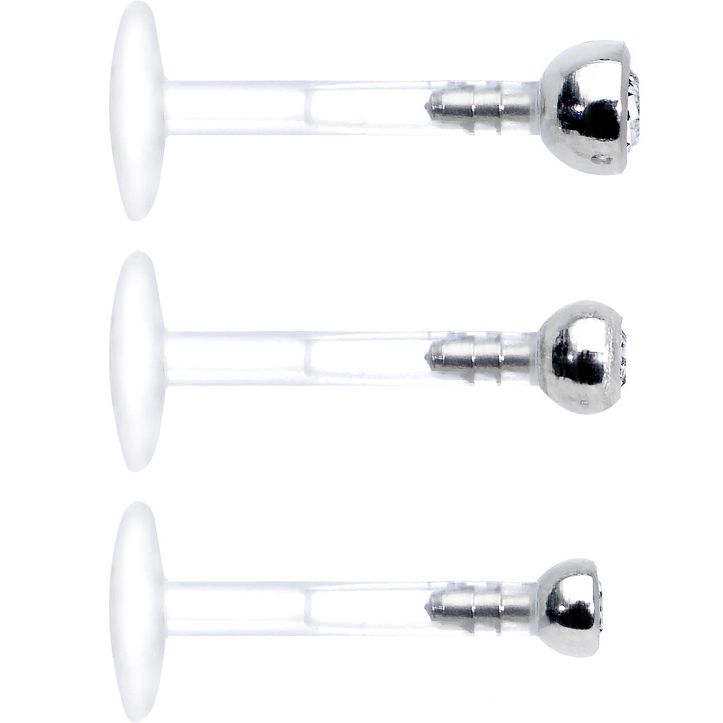 BodyCandy 16G 5/16 Clear Gem Bioplast Triple Forward Helix Barbell 3 Pack Set — detail close-up