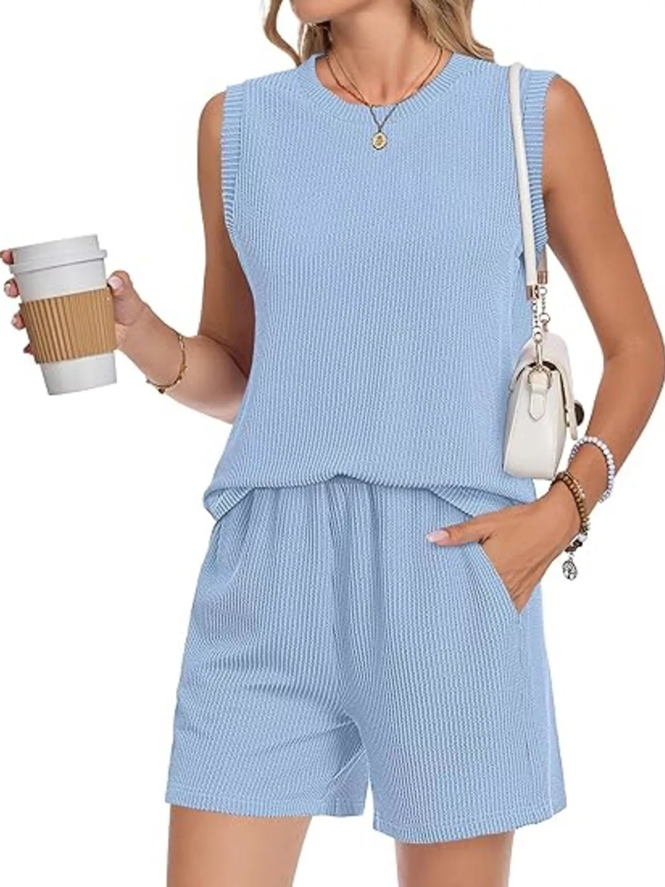 Casual Ribbed Knit Sleeveless Top and Shorts Set