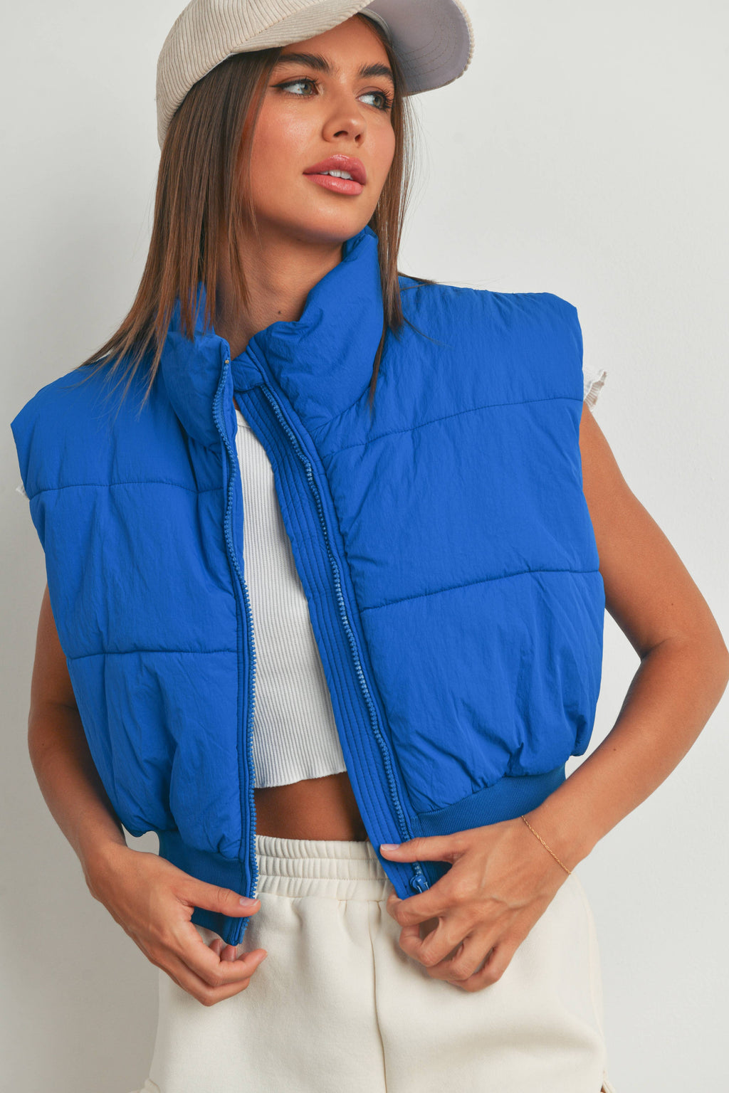 Pretty Little Patriot Pretty Little Patriot Royal Blue Crop Puffer Vest — product category context