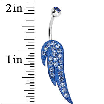 BodyCandy Blue Gem Glimmering Singular Angel Wing Belly Ring — detail close-up