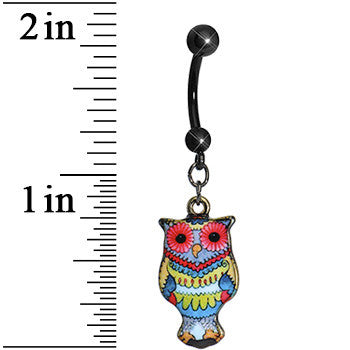 BodyCandy Red Flower Power Artistic Owl Dangle Belly Ring — detail close-up