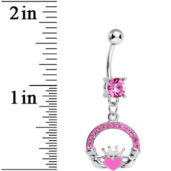 BodyCandy Pink Gem Pink Heart Irish Claddagh Dangle Belly Ring — detail close-up