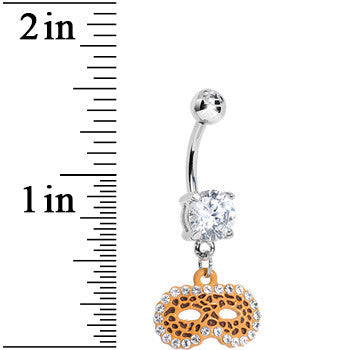 BodyCandy Clear Gem Leopard Print Masquerade Mask Dangle Belly Ring — detail close-up