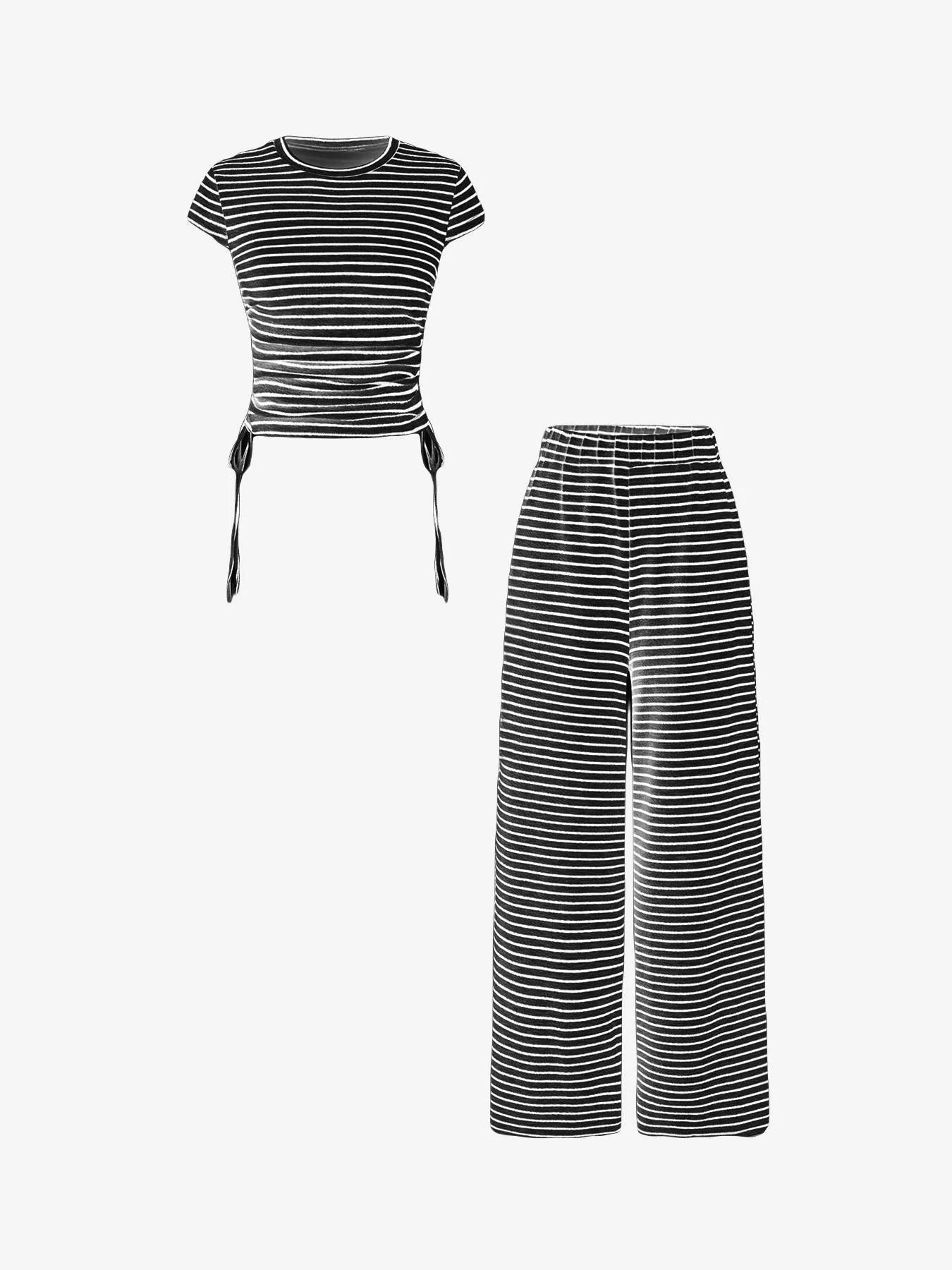 Striped Crop Top and Wide Leg Pants Set
