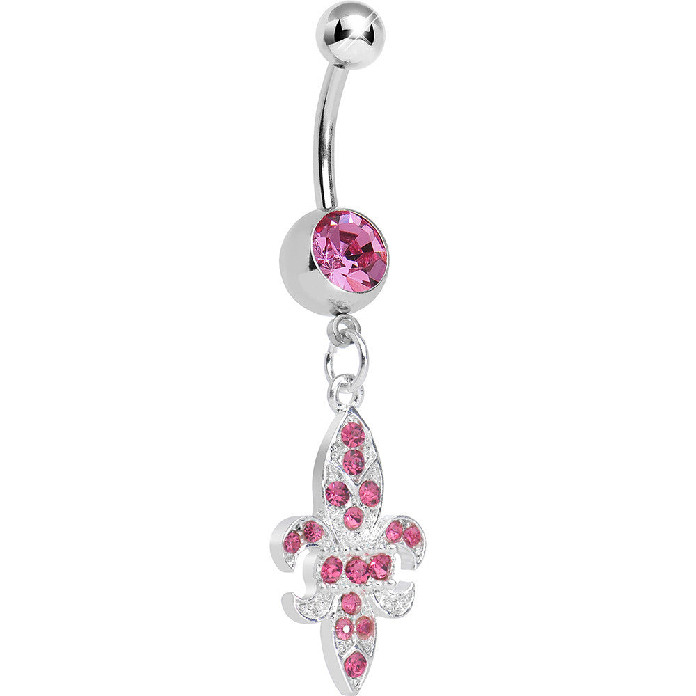 BodyCandy Pink Gem Paved Fleur de Lis Dangle Belly Ring — main product shot