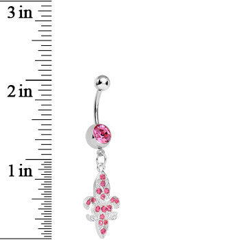 BodyCandy Pink Gem Paved Fleur de Lis Dangle Belly Ring — detail close-up