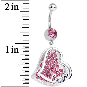 BodyCandy Pink Gem Paved Love Heart Dangle Belly Ring — detail close-up