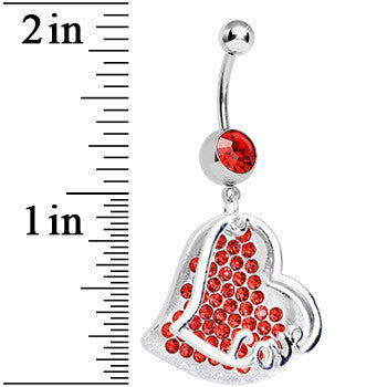 BodyCandy Red Gem Paved Love Heart Dangle Belly Ring — detail close-up