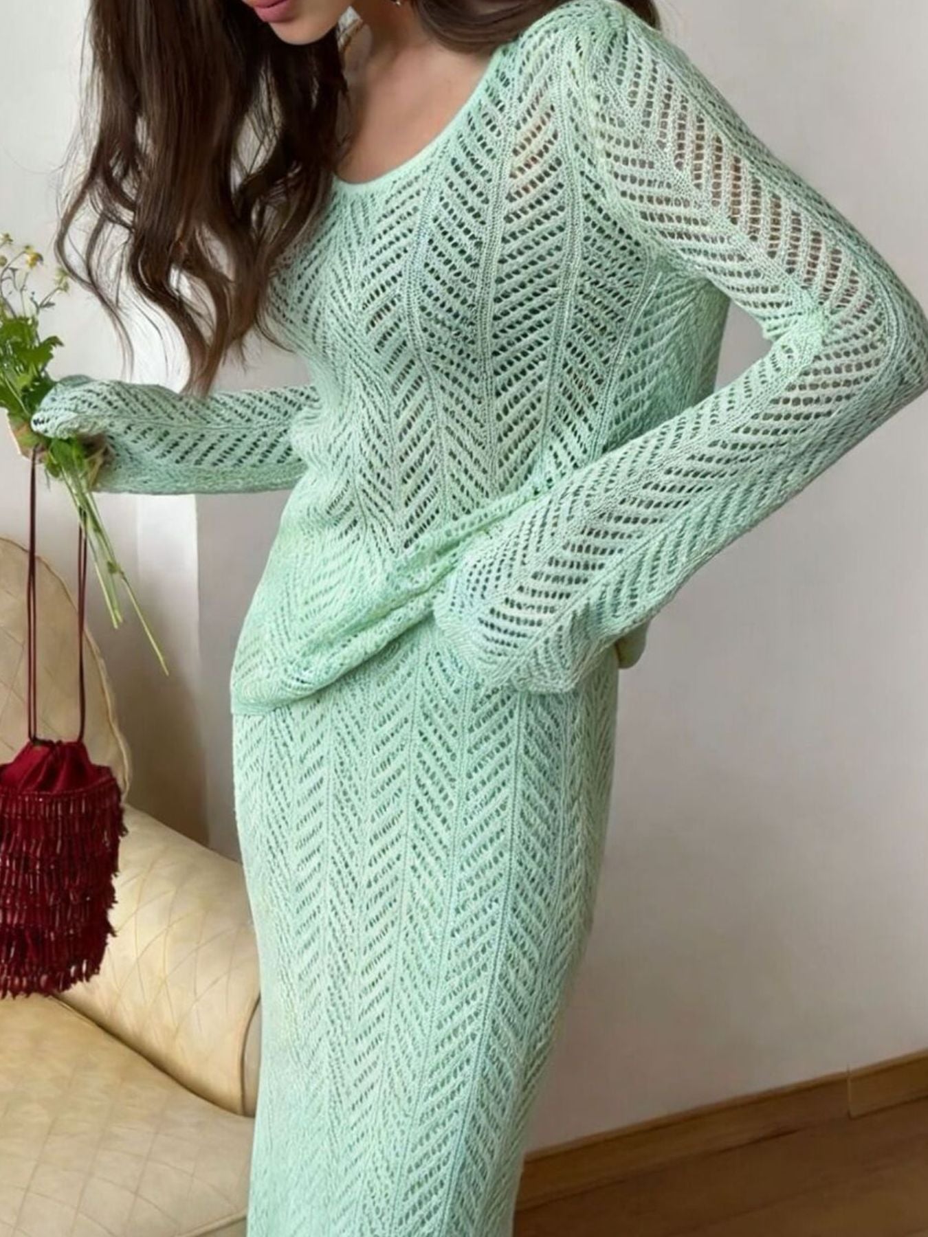 Openwork Long Sleeve Knit Top and Skirt Set