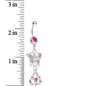 BodyCandy Pink Gem Butterfly and Trinity Knot Dangle Belly Ring — detail close-up