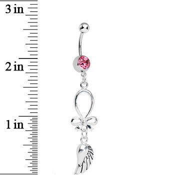 BodyCandy Pink Gem Bowtie with Angel Wing Dangle Belly Ring — detail close-up