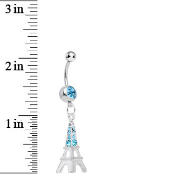 BodyCandy Aqua Gem Elegant Eiffel Tower Dangle Belly Ring — detail close-up