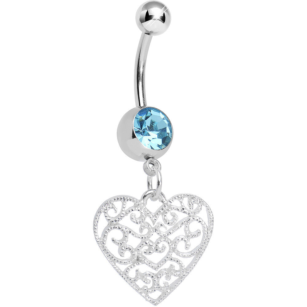 BodyCandy Aqua Gem Filigree Heart Dangle Belly Ring — main product shot