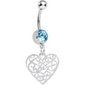 BodyCandy Aqua Gem Filigree Heart Dangle Belly Ring — main product shot