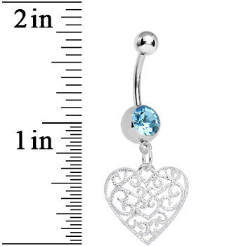 BodyCandy Aqua Gem Filigree Heart Dangle Belly Ring — detail close-up