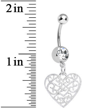 BodyCandy Clear Gem Filigree Heart Dangle Belly Ring — detail close-up