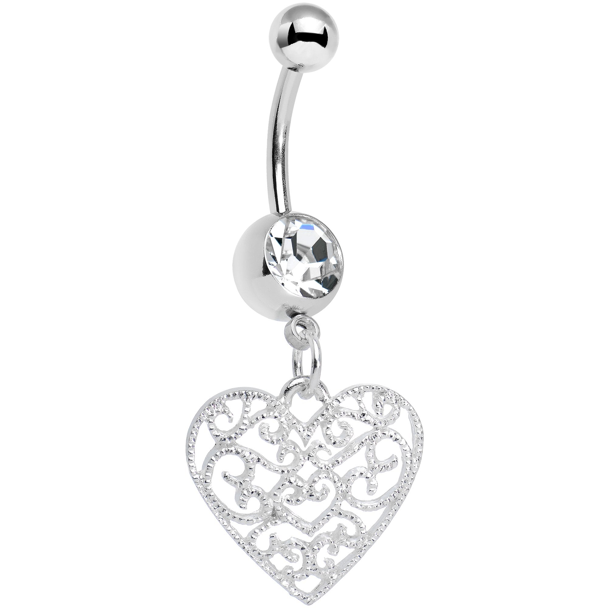 BodyCandy Clear Gem Filigree Heart Dangle Belly Ring — main product shot