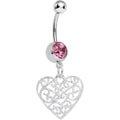 BodyCandy Pink Gem Filigree Heart Dangle Belly Ring — main product shot