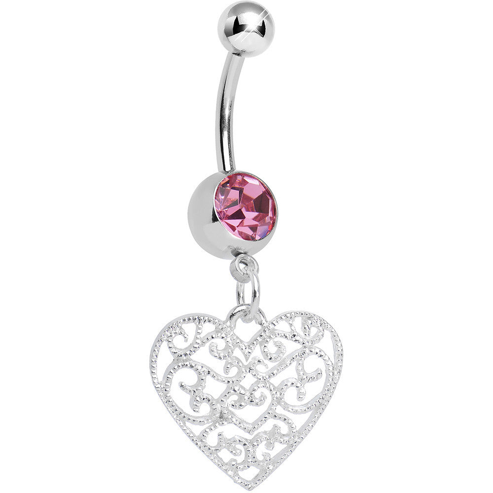 BodyCandy Pink Gem Filigree Heart Dangle Belly Ring — main product shot