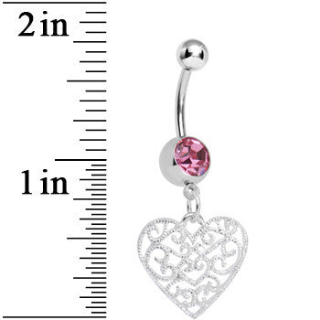 BodyCandy Pink Gem Filigree Heart Dangle Belly Ring — detail close-up