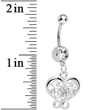 BodyCandy Crystalline Gem Opulent Scrolled Heart Dangle Belly Ring — detail close-up