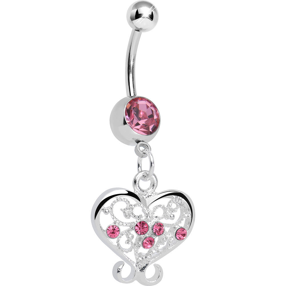 BodyCandy Pink Gem Opulent Scrolled Heart Dangle Belly Ring — main product shot
