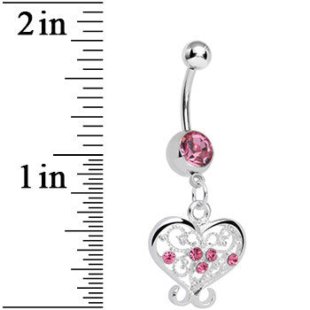 BodyCandy Pink Gem Opulent Scrolled Heart Dangle Belly Ring — detail close-up