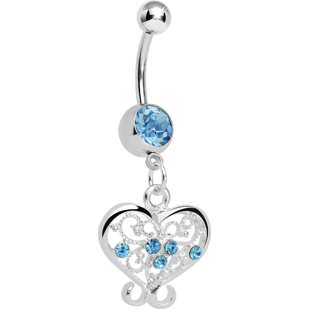 BodyCandy Aqua Gem Opulent Scrolled Heart Dangle Belly Ring — main product shot